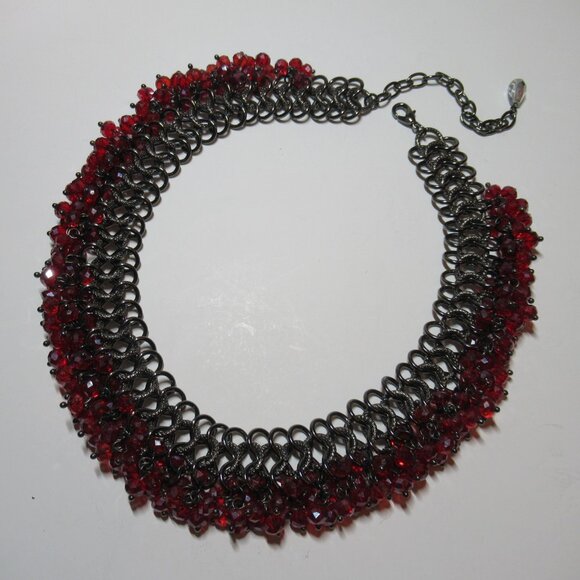 Chainmail Necklace & Earrings Set Silver with Red Beads Choker Collar Dangle - Picture 3 of 16